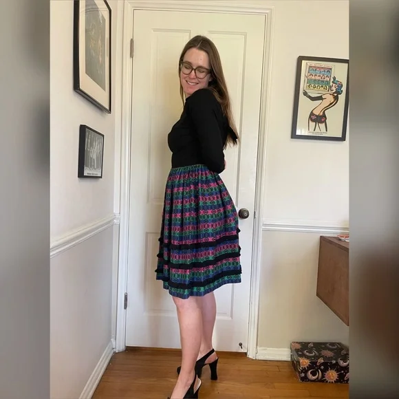 60s Vintage Pixie of California Fit and Flare Midi Dress w Woven Skirt - Picture 4 of 11